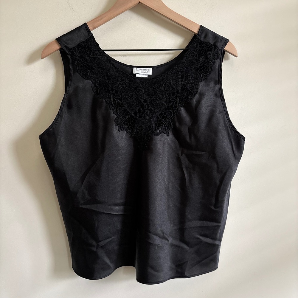 Cinema Etoile Black Satin Lace Neckline Camisole Top Plus Size 1X Sleeveless